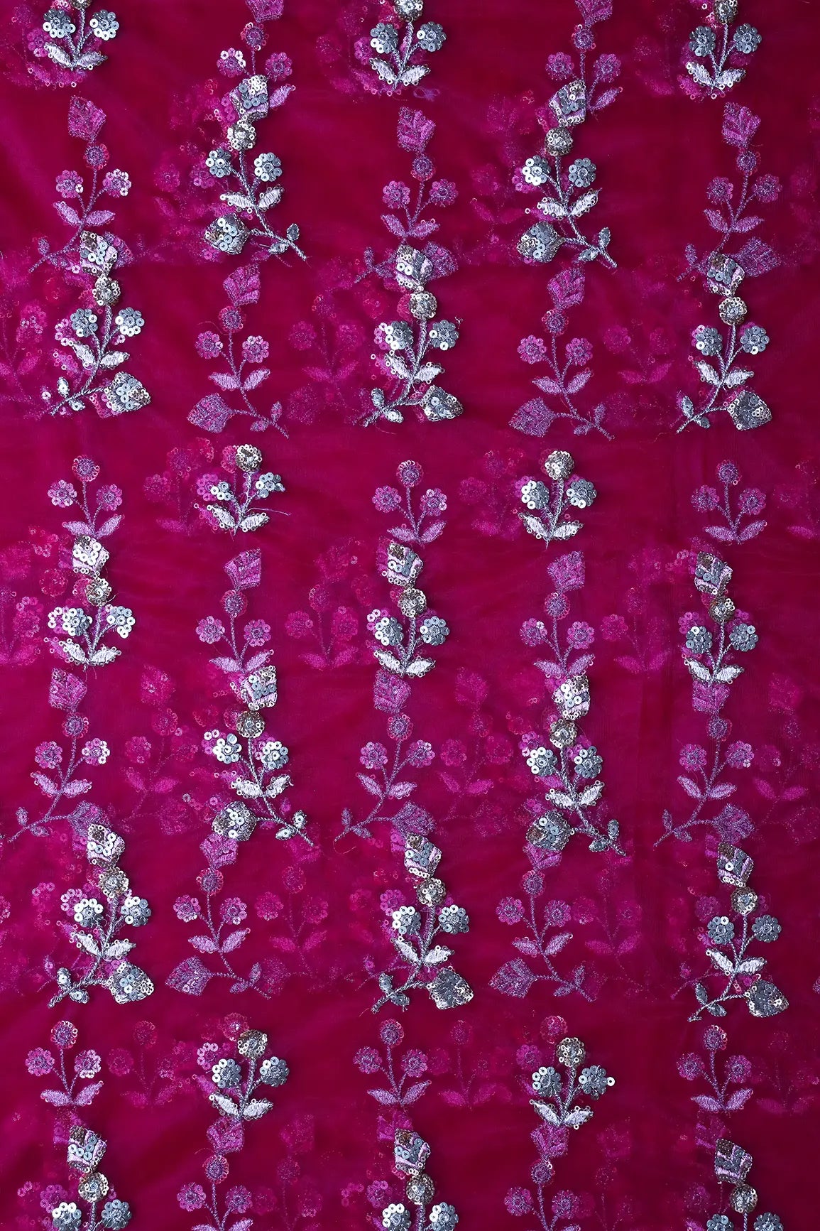 AIzaSyBcstauz-XMPRhEY21AUzeo032pxrXB5Ug - Copper And Gold Sequins Floral Embroidery On Fuchsia Soft Net Fabric