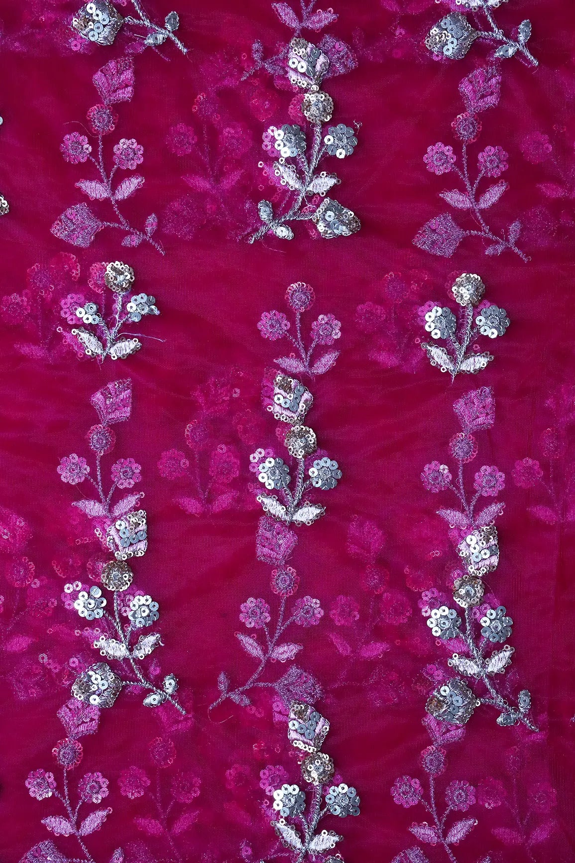 AIzaSyBcstauz-XMPRhEY21AUzeo032pxrXB5Ug - Copper And Gold Sequins Floral Embroidery On Fuchsia Soft Net Fabric