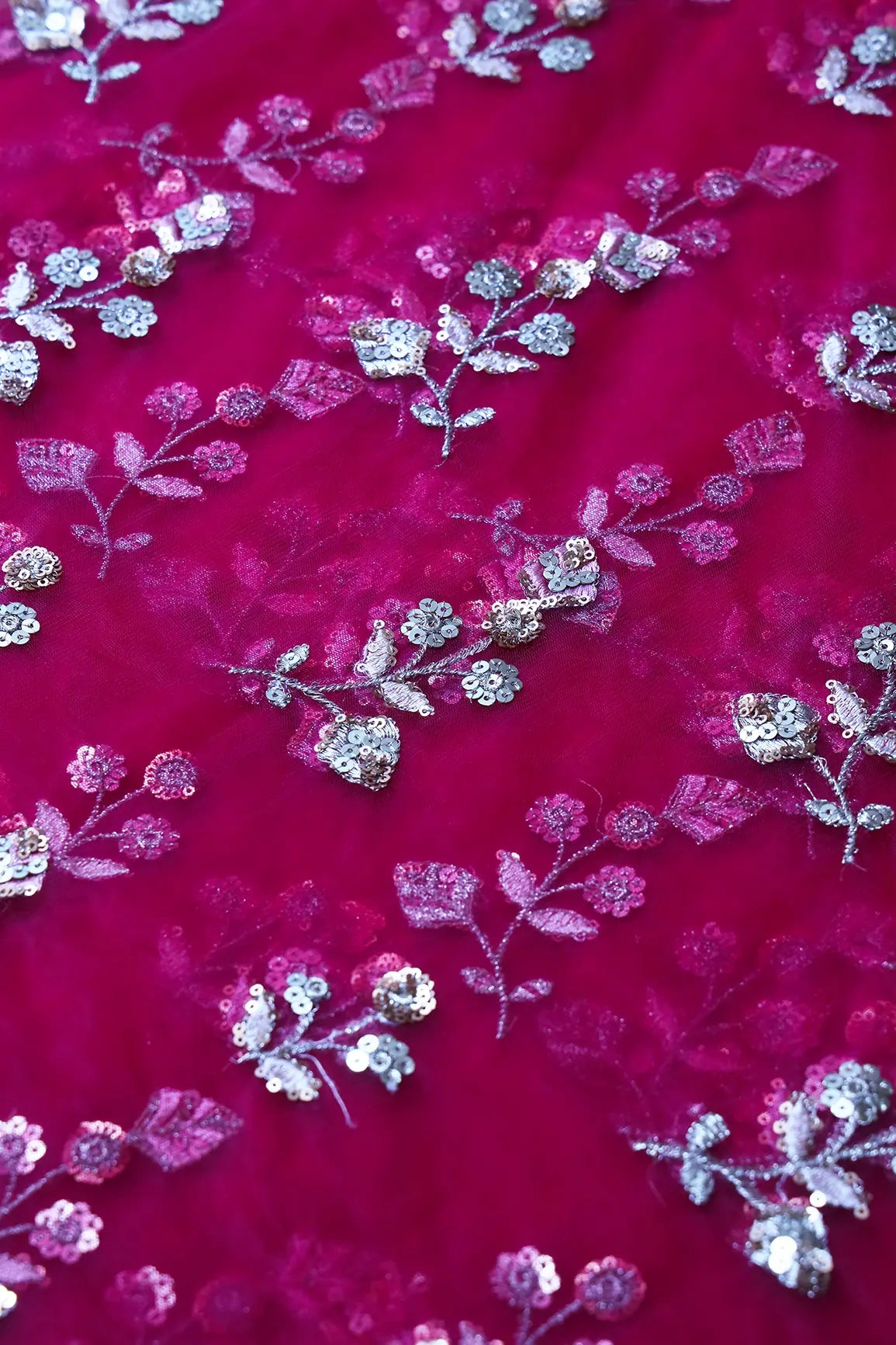 AIzaSyBcstauz-XMPRhEY21AUzeo032pxrXB5Ug - Copper And Gold Sequins Floral Embroidery On Fuchsia Soft Net Fabric