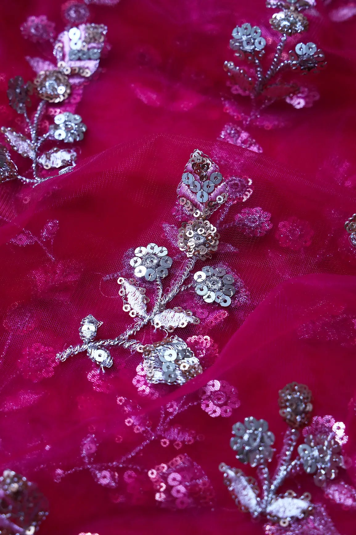 AIzaSyBcstauz-XMPRhEY21AUzeo032pxrXB5Ug - Copper And Gold Sequins Floral Embroidery On Fuchsia Soft Net Fabric