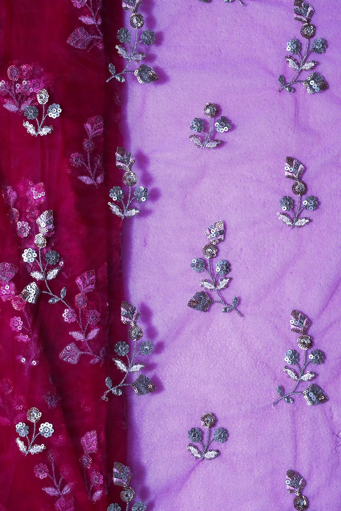 AIzaSyBcstauz-XMPRhEY21AUzeo032pxrXB5Ug - Copper And Gold Sequins Floral Embroidery On Fuchsia Soft Net Fabric