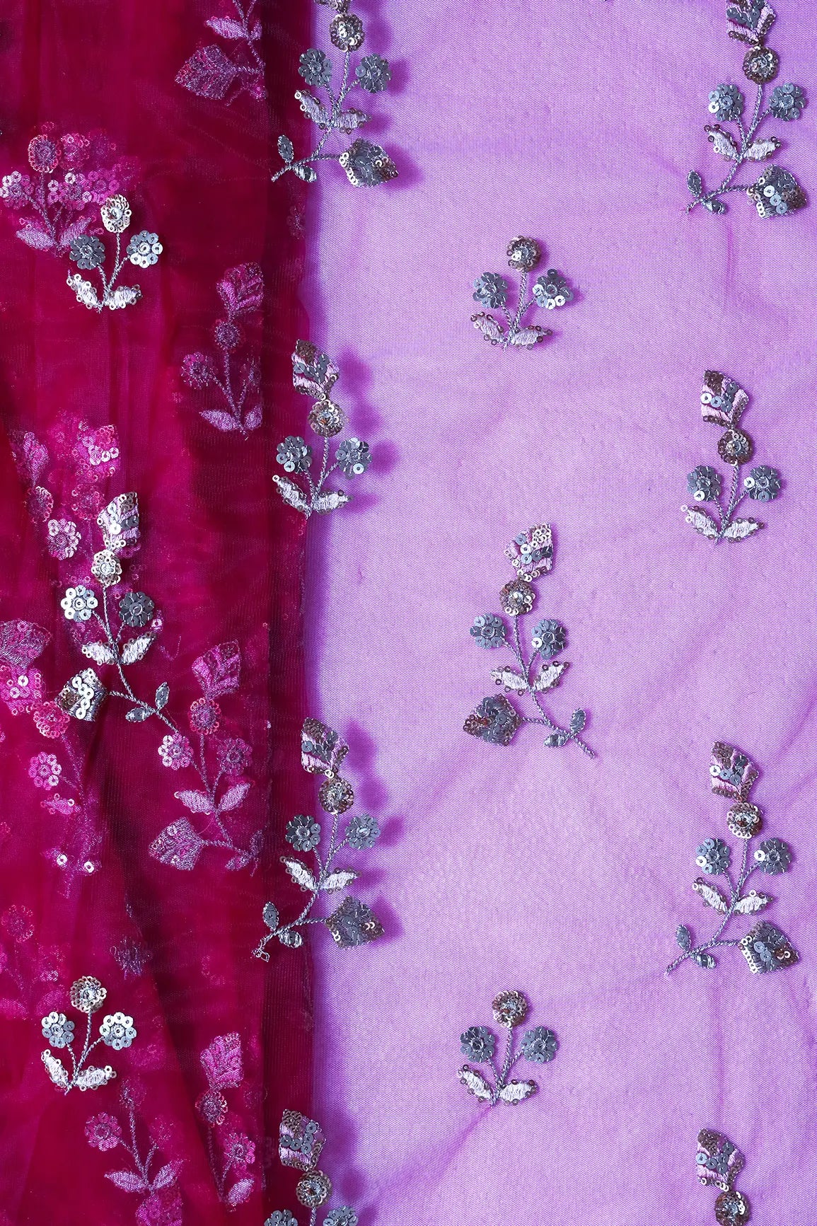 AIzaSyBcstauz-XMPRhEY21AUzeo032pxrXB5Ug - Copper And Gold Sequins Floral Embroidery On Fuchsia Soft Net Fabric