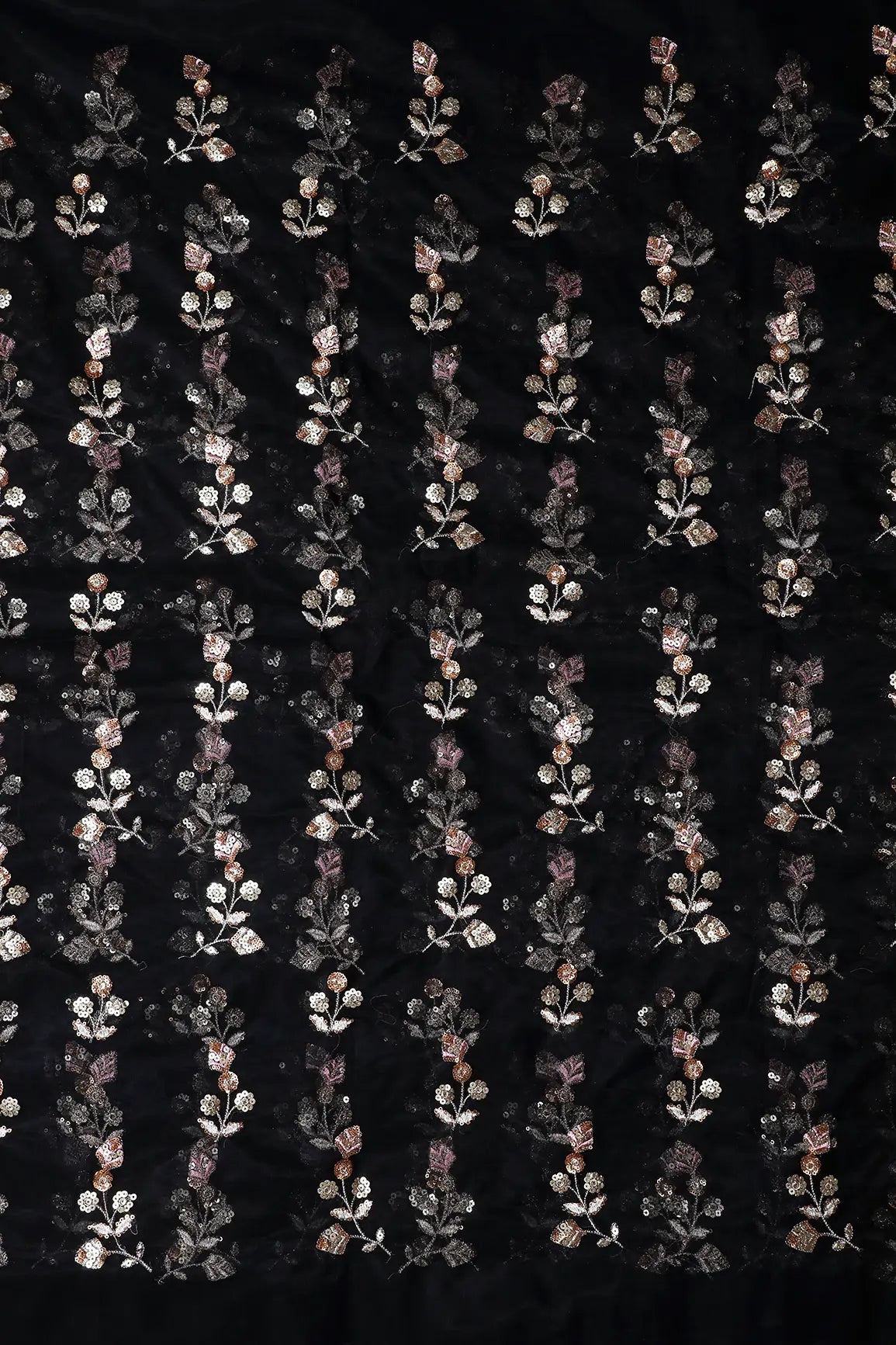 AIzaSyBcstauz-XMPRhEY21AUzeo032pxrXB5Ug - Copper And Gold Sequins Floral Embroidery On Black Soft Net Fabric