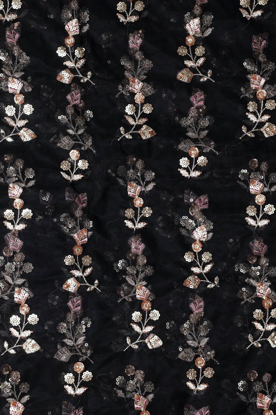 AIzaSyBcstauz-XMPRhEY21AUzeo032pxrXB5Ug - Copper And Gold Sequins Floral Embroidery On Black Soft Net Fabric