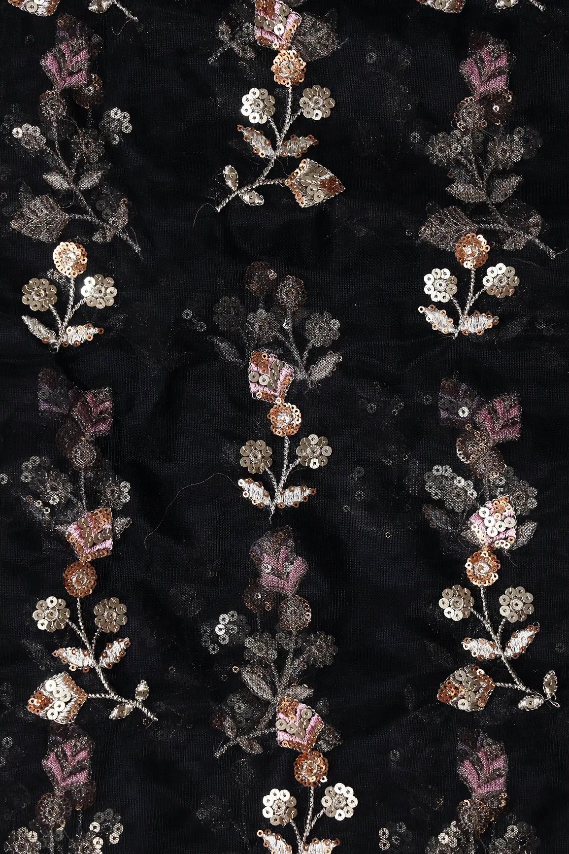AIzaSyBcstauz-XMPRhEY21AUzeo032pxrXB5Ug - Copper And Gold Sequins Floral Embroidery On Black Soft Net Fabric