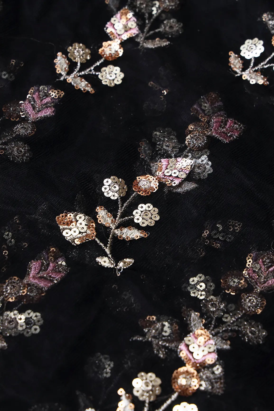 AIzaSyBcstauz-XMPRhEY21AUzeo032pxrXB5Ug - Copper And Gold Sequins Floral Embroidery On Black Soft Net Fabric