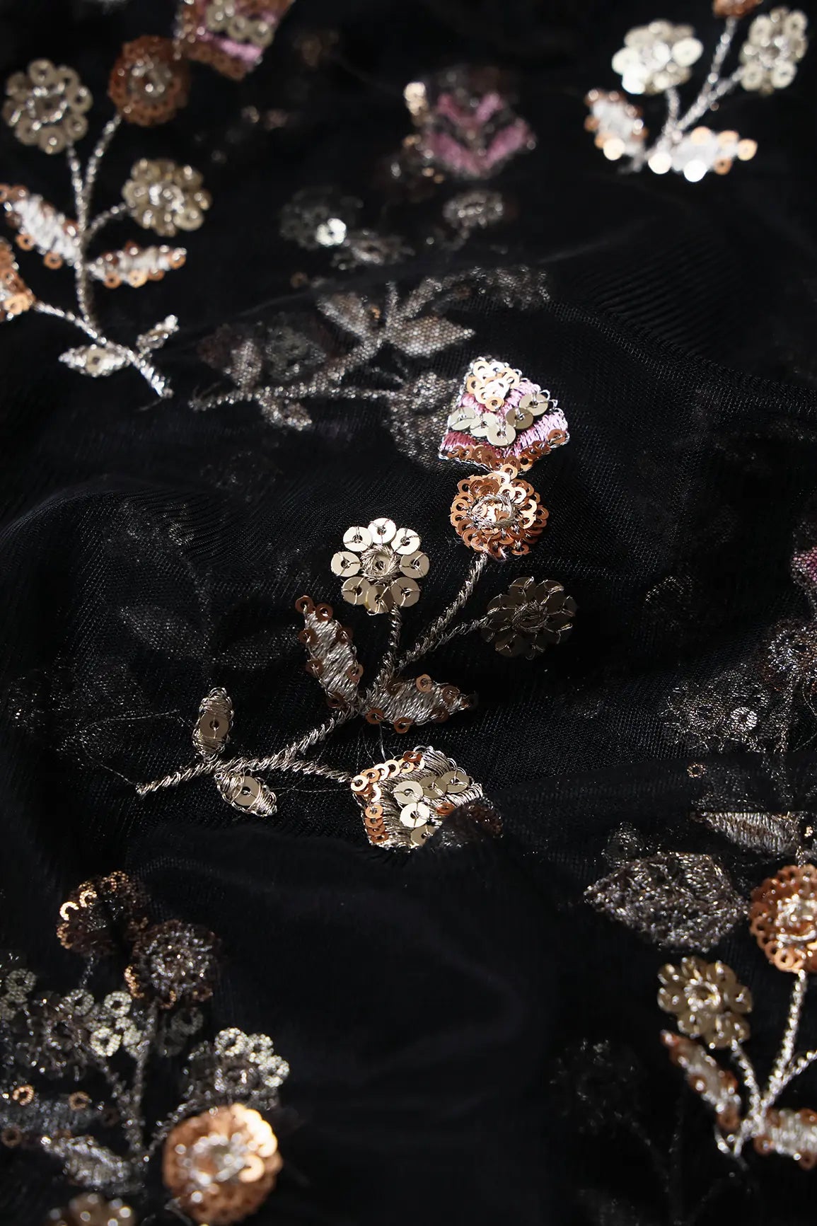 AIzaSyBcstauz-XMPRhEY21AUzeo032pxrXB5Ug - Copper And Gold Sequins Floral Embroidery On Black Soft Net Fabric
