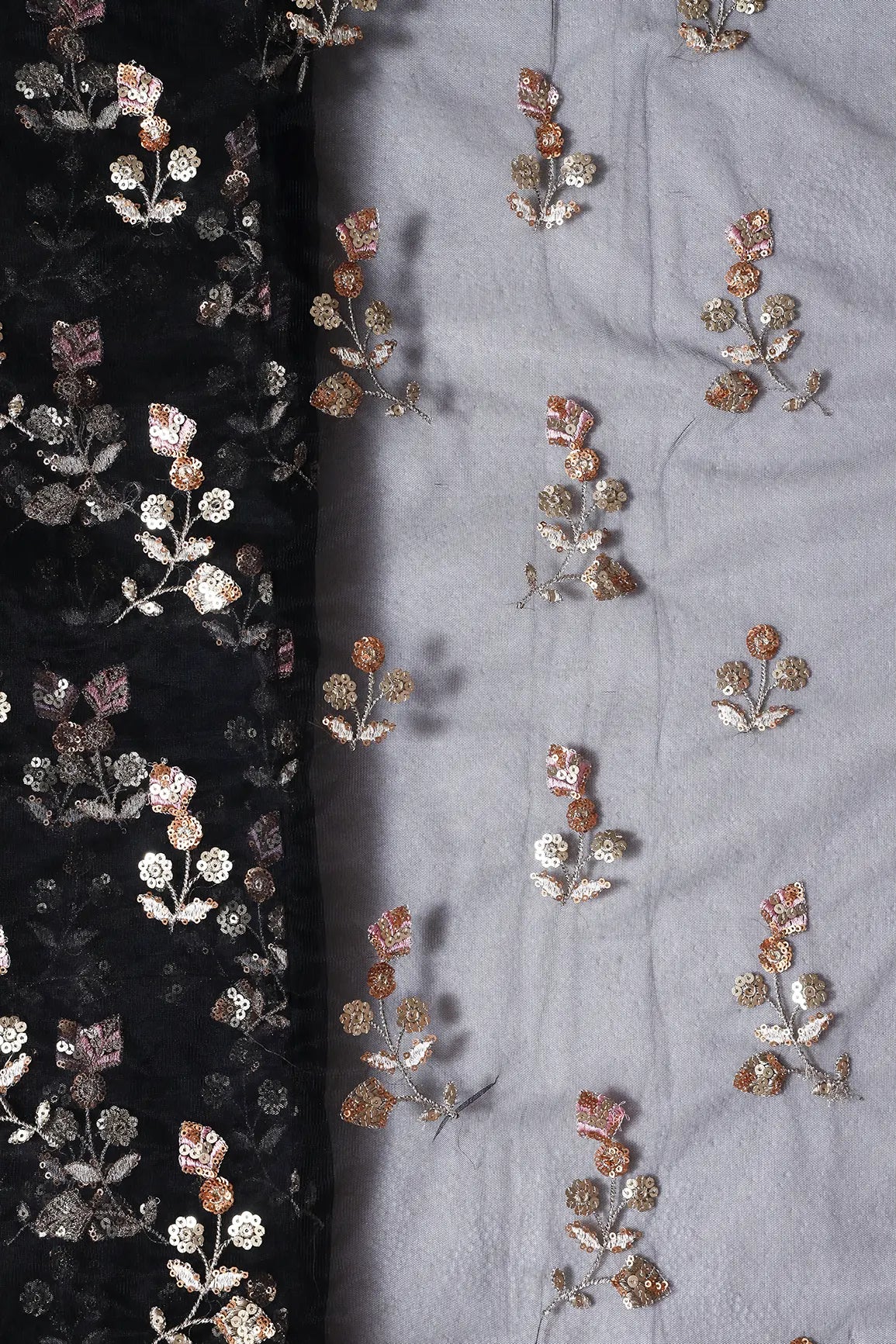 AIzaSyBcstauz-XMPRhEY21AUzeo032pxrXB5Ug - Copper And Gold Sequins Floral Embroidery On Black Soft Net Fabric