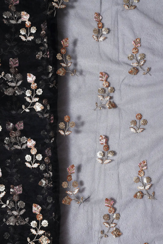 AIzaSyBcstauz-XMPRhEY21AUzeo032pxrXB5Ug - Copper And Gold Sequins Floral Embroidery On Black Soft Net Fabric