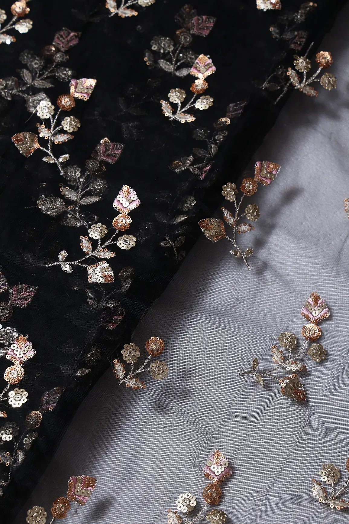 AIzaSyBcstauz-XMPRhEY21AUzeo032pxrXB5Ug - Copper And Gold Sequins Floral Embroidery On Black Soft Net Fabric