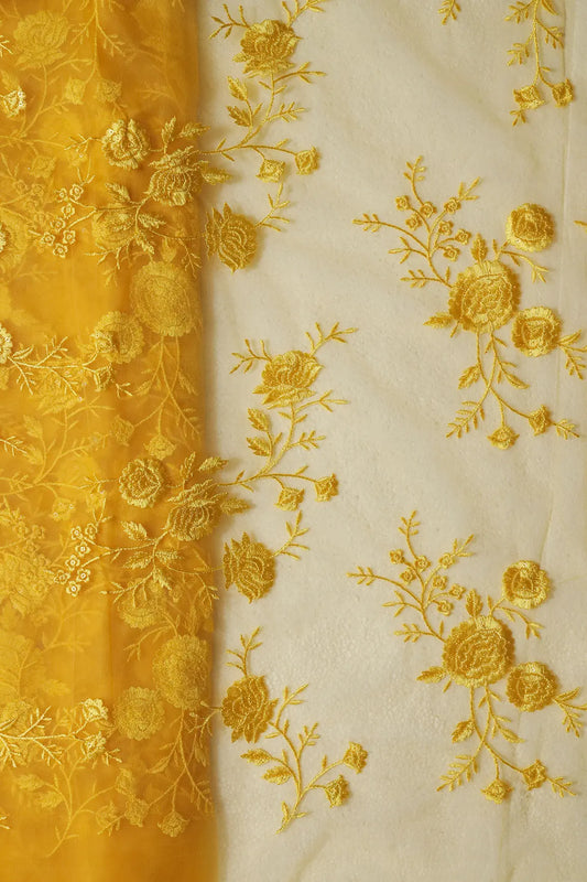 Yellow Thread With Sequins Floral Embroidery On Yellow Soft Net Fabric