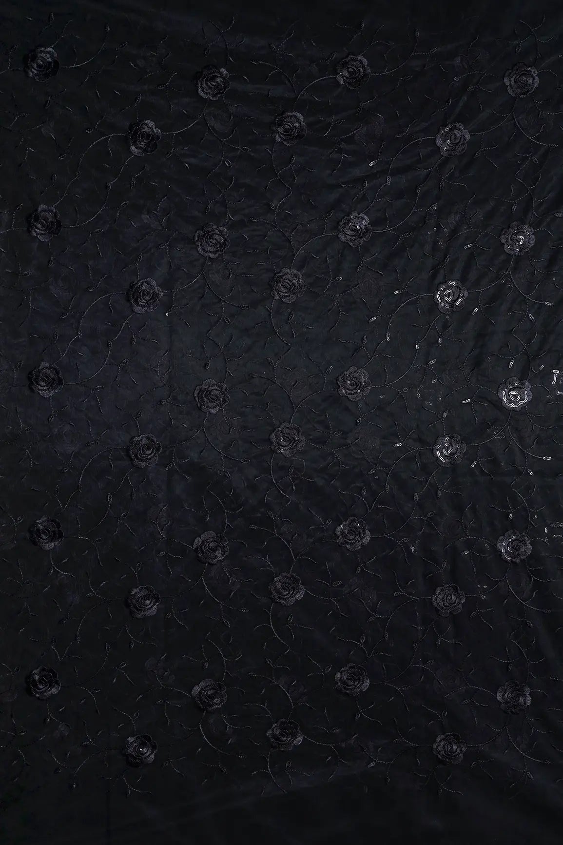 AIzaSyBcstauz-XMPRhEY21AUzeo032pxrXB5Ug - Black Sequins With Black Thread Floral Embroidery On Black Soft Net Fabric