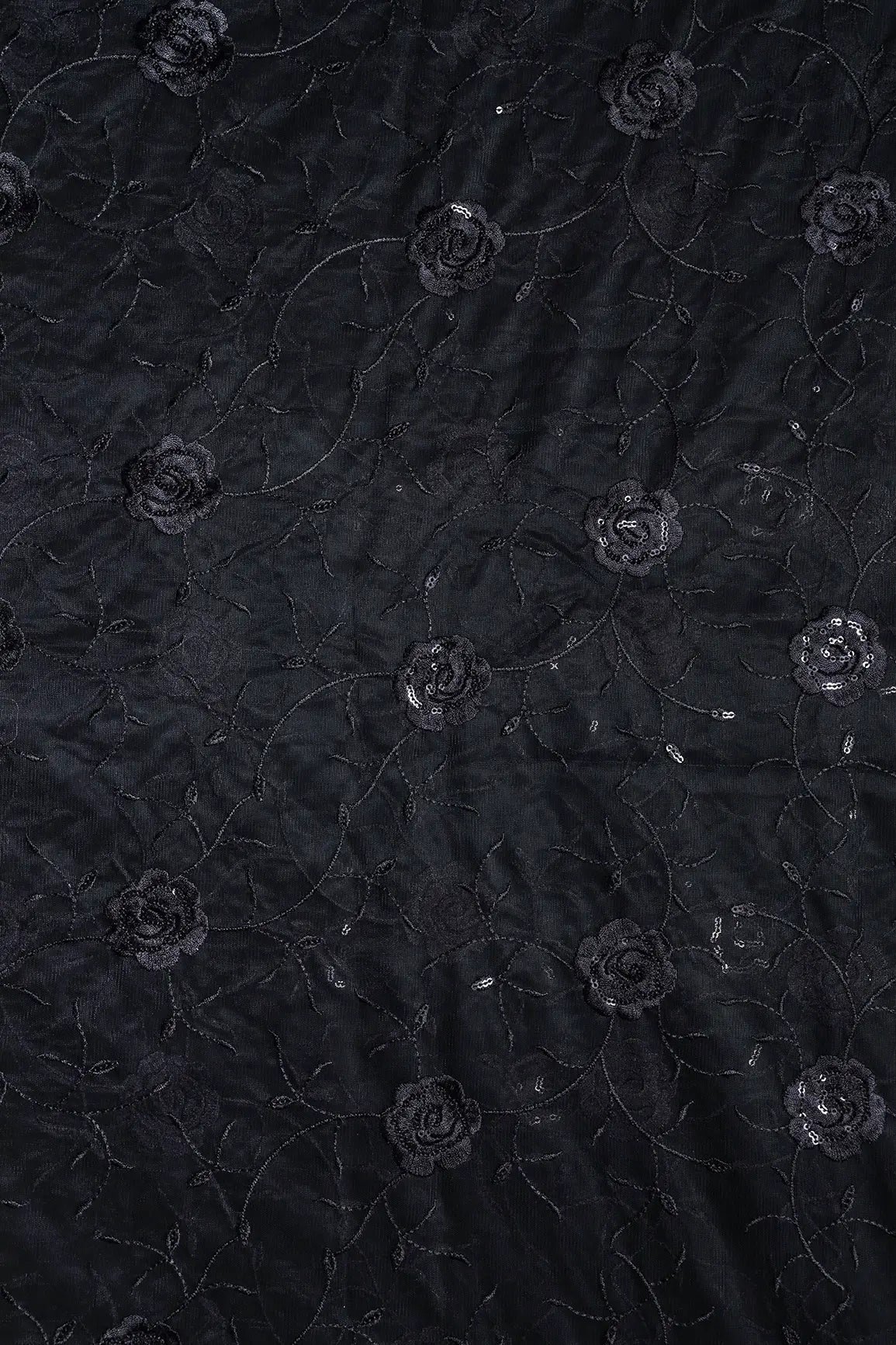 AIzaSyBcstauz-XMPRhEY21AUzeo032pxrXB5Ug - Black Sequins With Black Thread Floral Embroidery On Black Soft Net Fabric