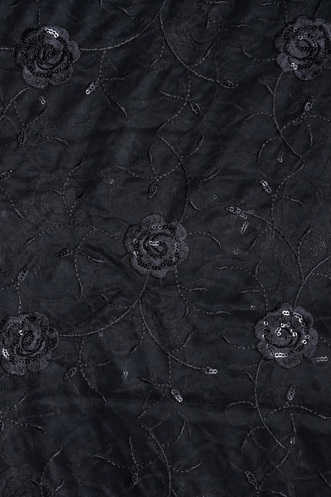 AIzaSyBcstauz-XMPRhEY21AUzeo032pxrXB5Ug - Black Sequins With Black Thread Floral Embroidery On Black Soft Net Fabric