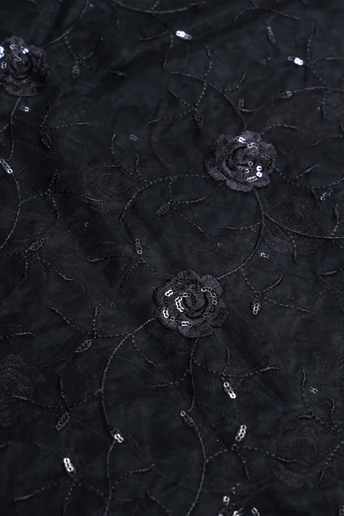 AIzaSyBcstauz-XMPRhEY21AUzeo032pxrXB5Ug - Black Sequins With Black Thread Floral Embroidery On Black Soft Net Fabric