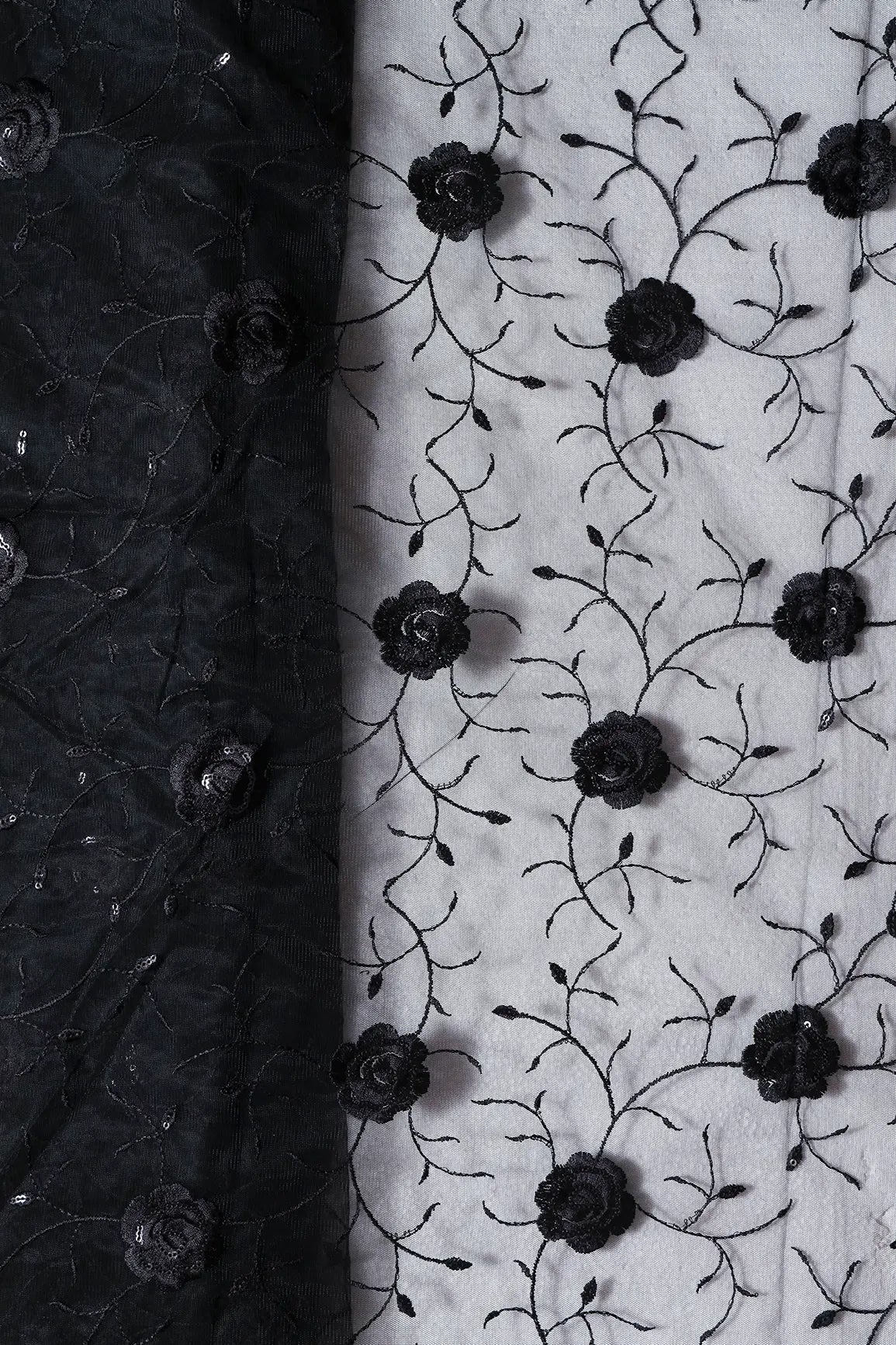 AIzaSyBcstauz-XMPRhEY21AUzeo032pxrXB5Ug - Black Sequins With Black Thread Floral Embroidery On Black Soft Net Fabric