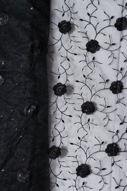 AIzaSyBcstauz-XMPRhEY21AUzeo032pxrXB5Ug - Black Sequins With Black Thread Floral Embroidery On Black Soft Net Fabric