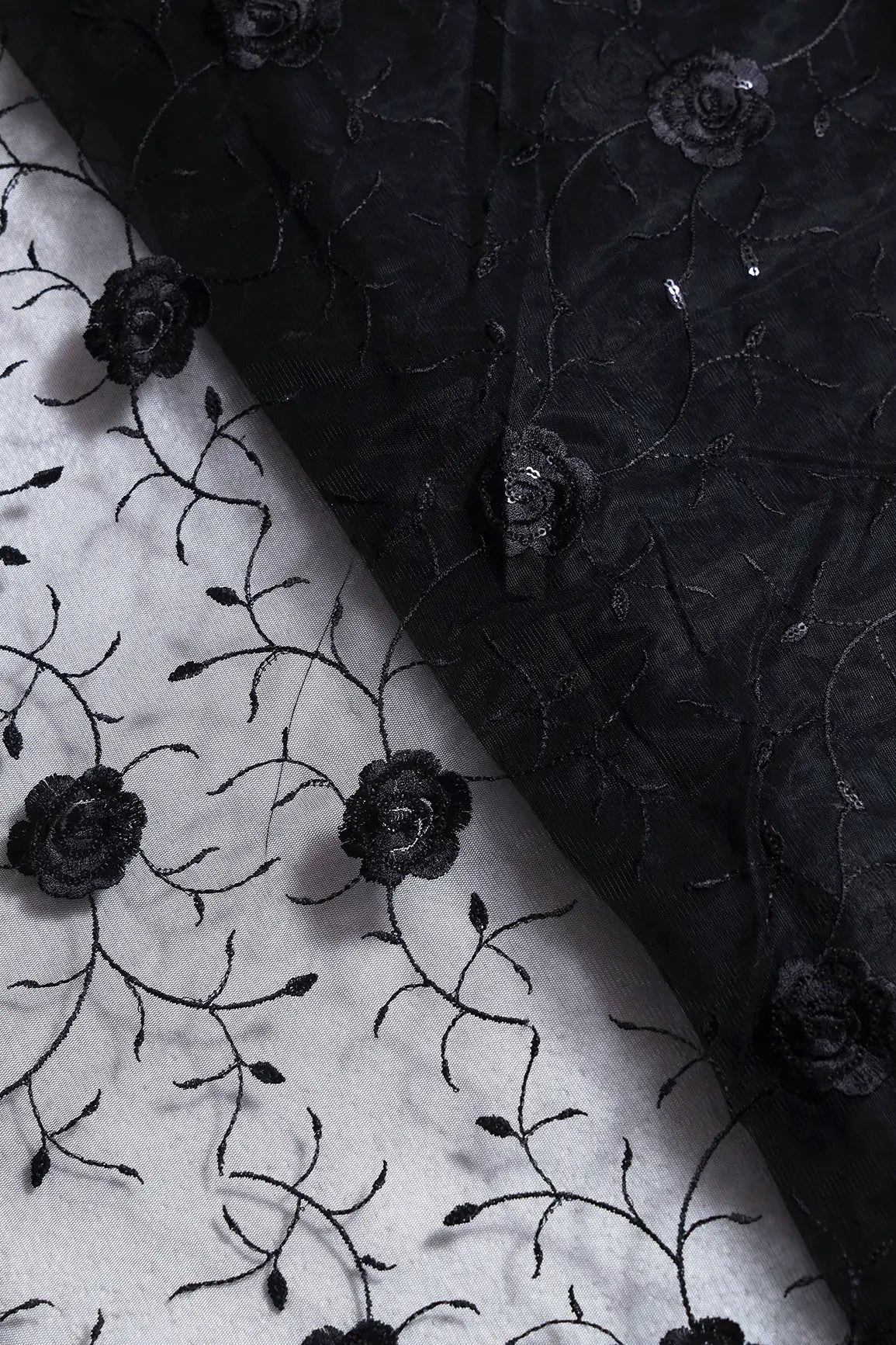 AIzaSyBcstauz-XMPRhEY21AUzeo032pxrXB5Ug - Black Sequins With Black Thread Floral Embroidery On Black Soft Net Fabric