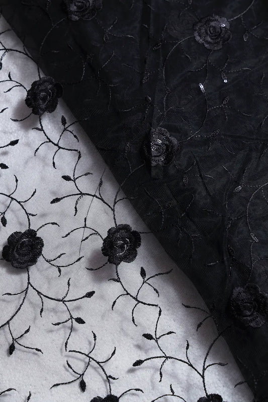 AIzaSyBcstauz-XMPRhEY21AUzeo032pxrXB5Ug - Black Sequins With Black Thread Floral Embroidery On Black Soft Net Fabric