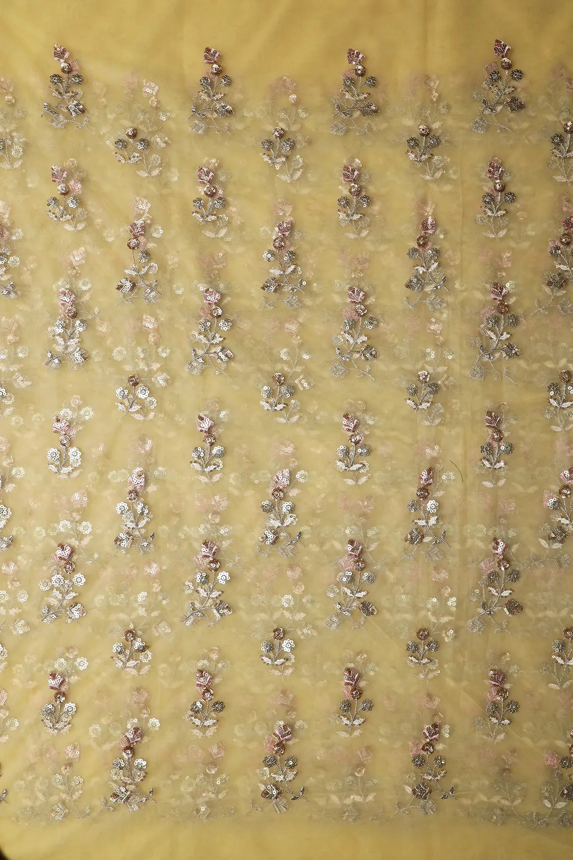 AIzaSyBcstauz-XMPRhEY21AUzeo032pxrXB5Ug - Copper And Gold Sequins Floral Embroidery On Butter Yellow Soft Net Fabric