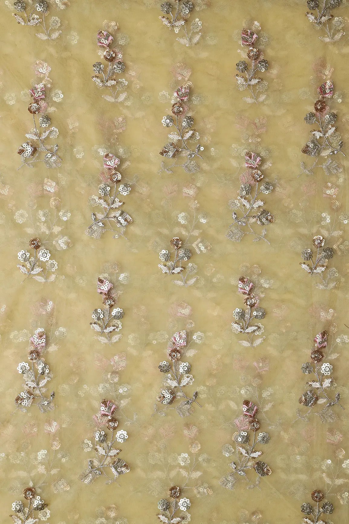 AIzaSyBcstauz-XMPRhEY21AUzeo032pxrXB5Ug - Copper And Gold Sequins Floral Embroidery On Butter Yellow Soft Net Fabric
