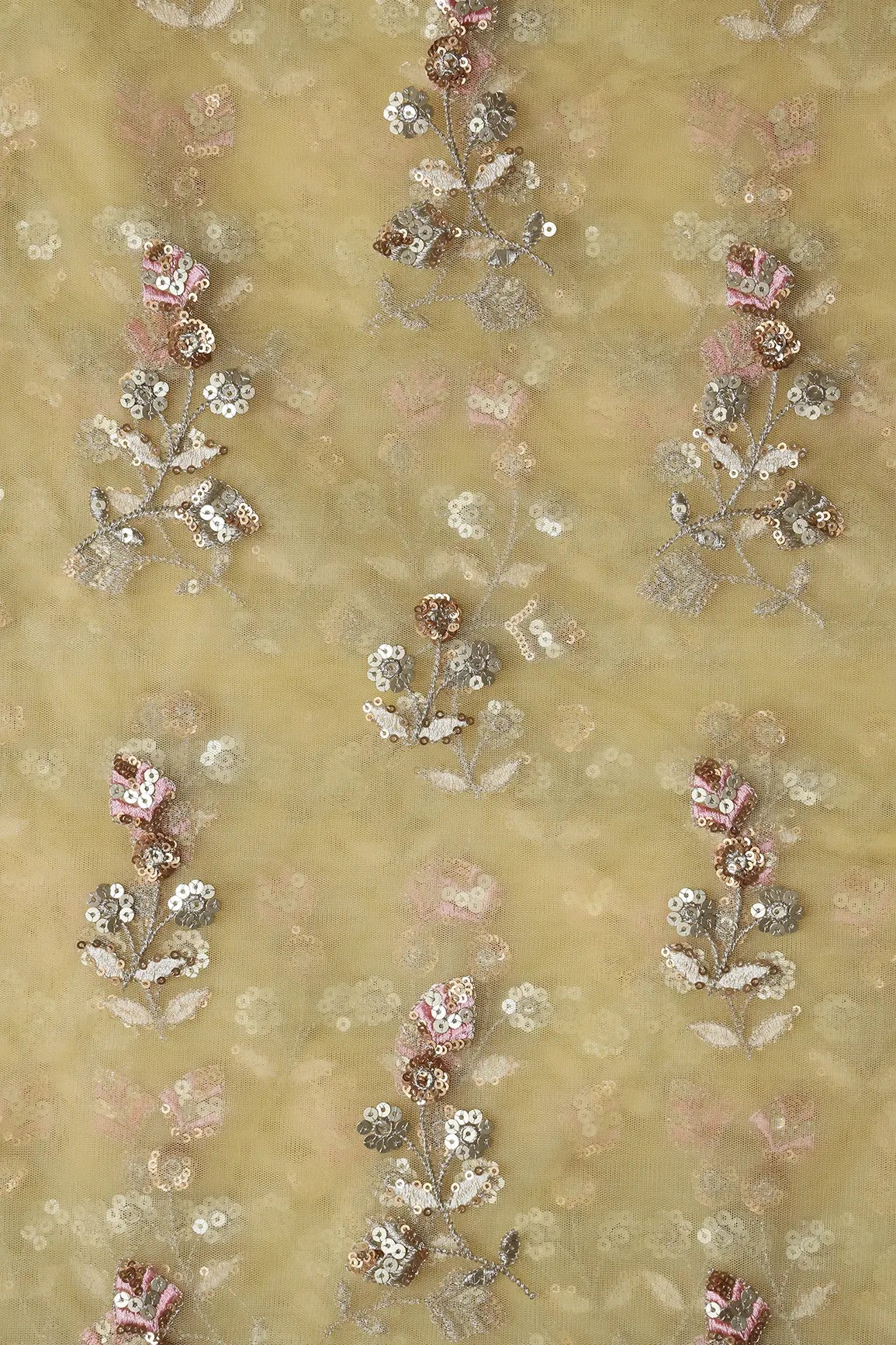 AIzaSyBcstauz-XMPRhEY21AUzeo032pxrXB5Ug - Copper And Gold Sequins Floral Embroidery On Butter Yellow Soft Net Fabric