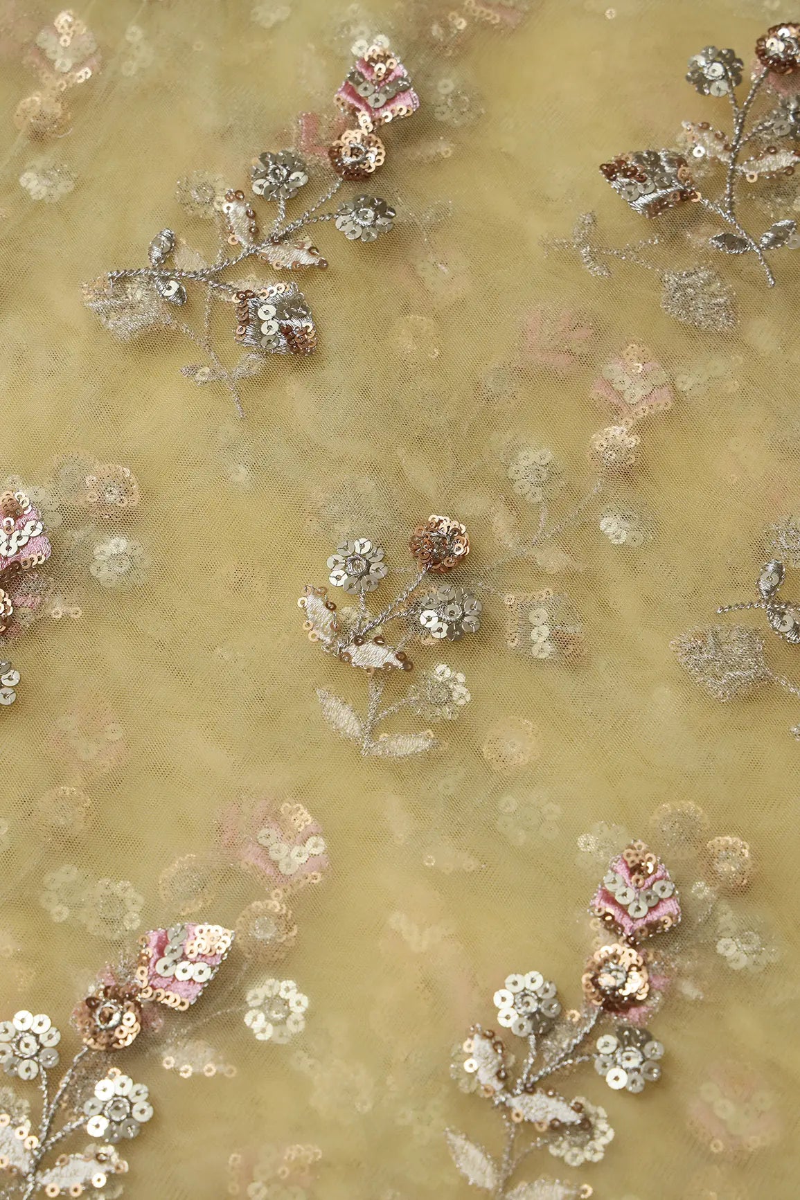 AIzaSyBcstauz-XMPRhEY21AUzeo032pxrXB5Ug - Copper And Gold Sequins Floral Embroidery On Butter Yellow Soft Net Fabric