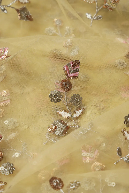 AIzaSyBcstauz-XMPRhEY21AUzeo032pxrXB5Ug - Copper And Gold Sequins Floral Embroidery On Butter Yellow Soft Net Fabric