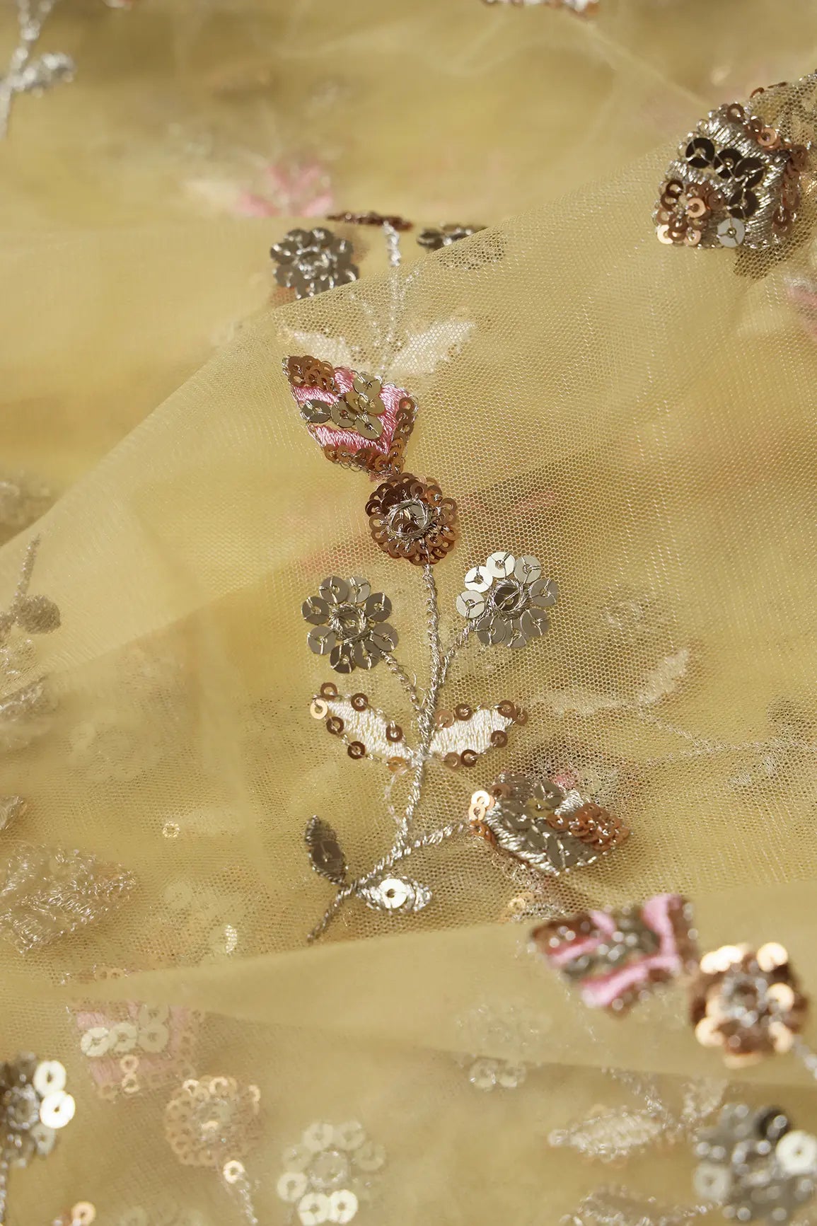 AIzaSyBcstauz-XMPRhEY21AUzeo032pxrXB5Ug - Copper And Gold Sequins Floral Embroidery On Butter Yellow Soft Net Fabric