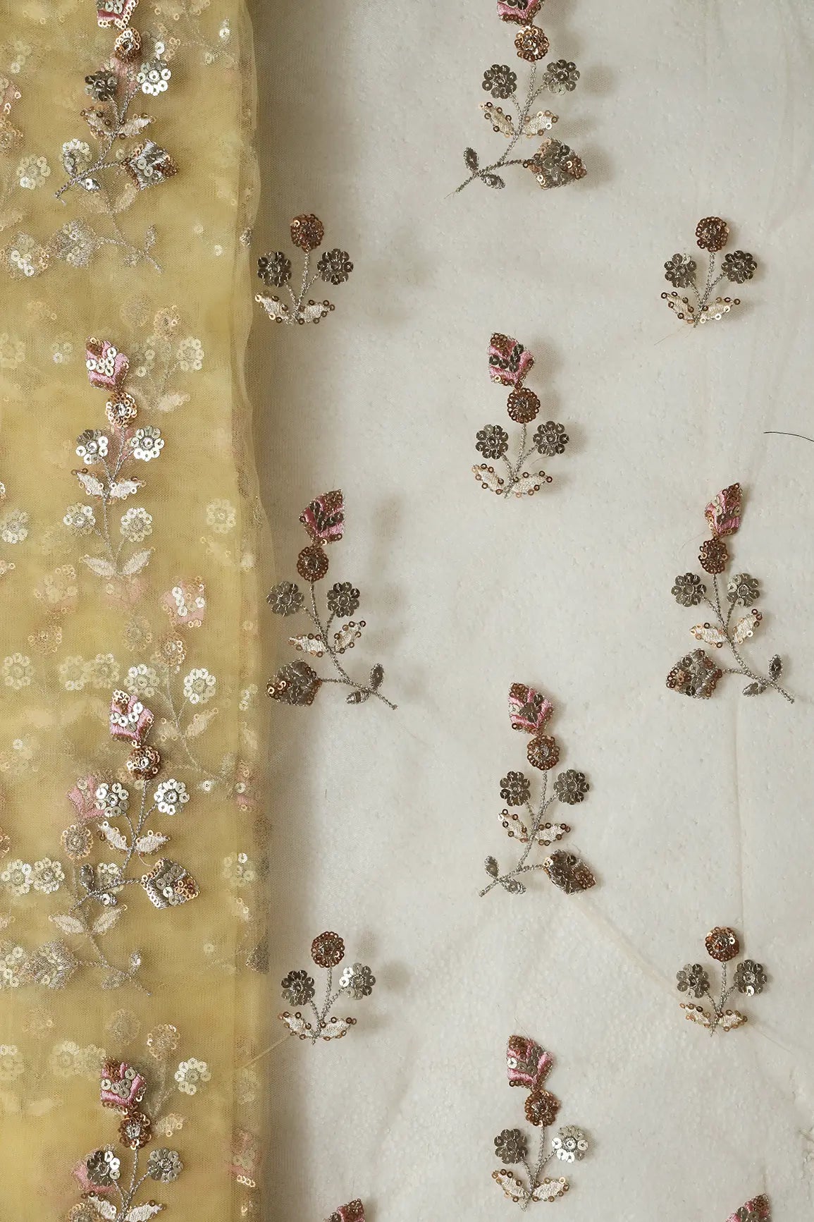 AIzaSyBcstauz-XMPRhEY21AUzeo032pxrXB5Ug - Copper And Gold Sequins Floral Embroidery On Butter Yellow Soft Net Fabric