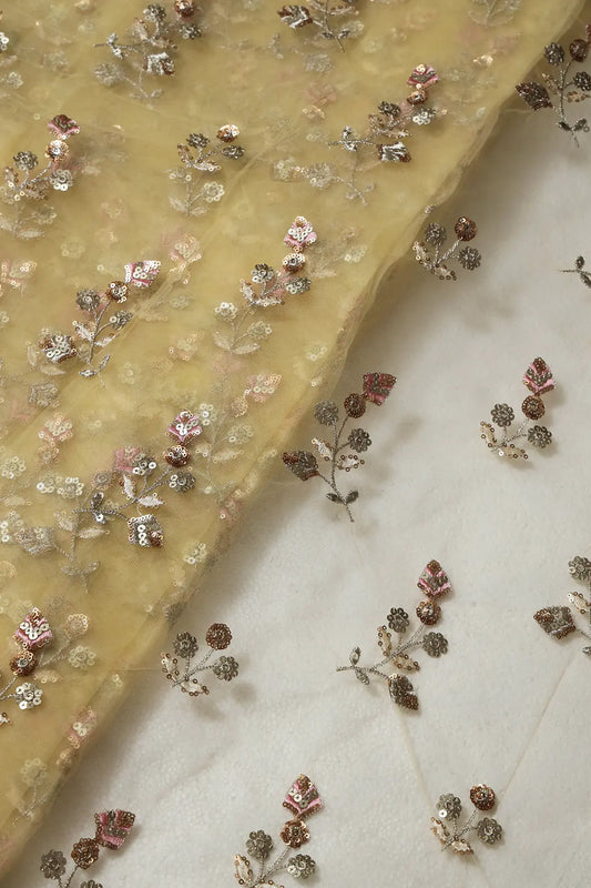 AIzaSyBcstauz-XMPRhEY21AUzeo032pxrXB5Ug - Copper And Gold Sequins Floral Embroidery On Butter Yellow Soft Net Fabric