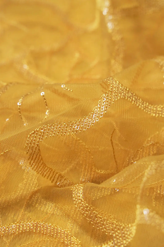 Water Sequins Abstract Embroidery On Yellow Soft Net Fabric