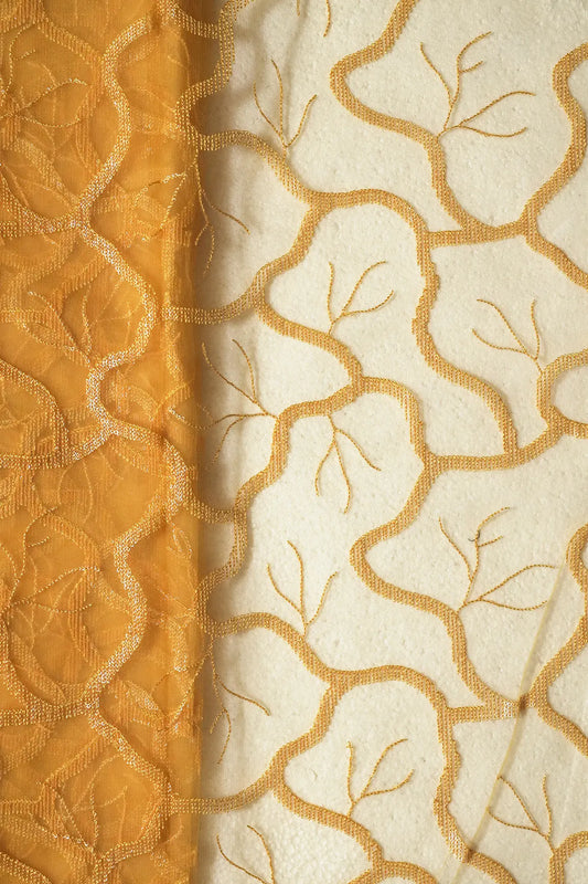 Water Sequins Abstract Embroidery On Yellow Soft Net Fabric