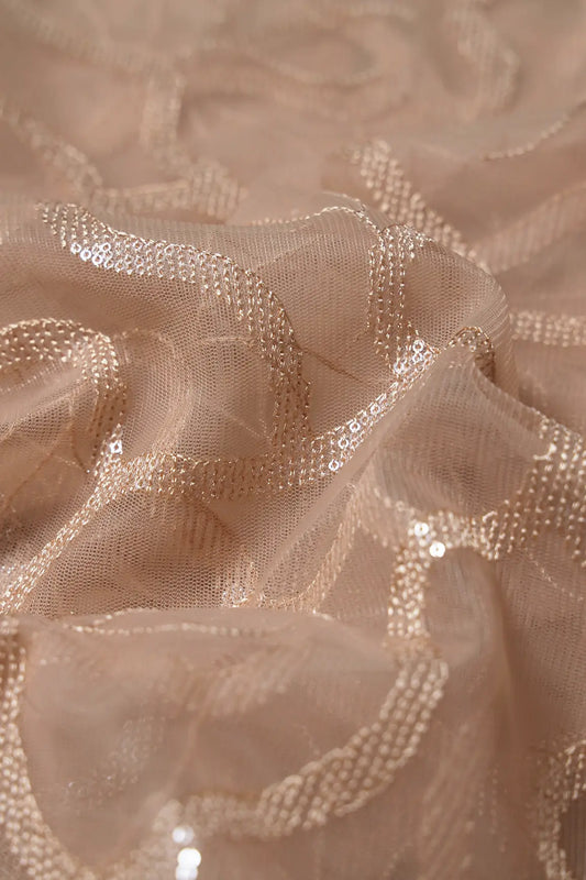 Water Sequins Abstract Embroidery On Beige Soft Net Fabric