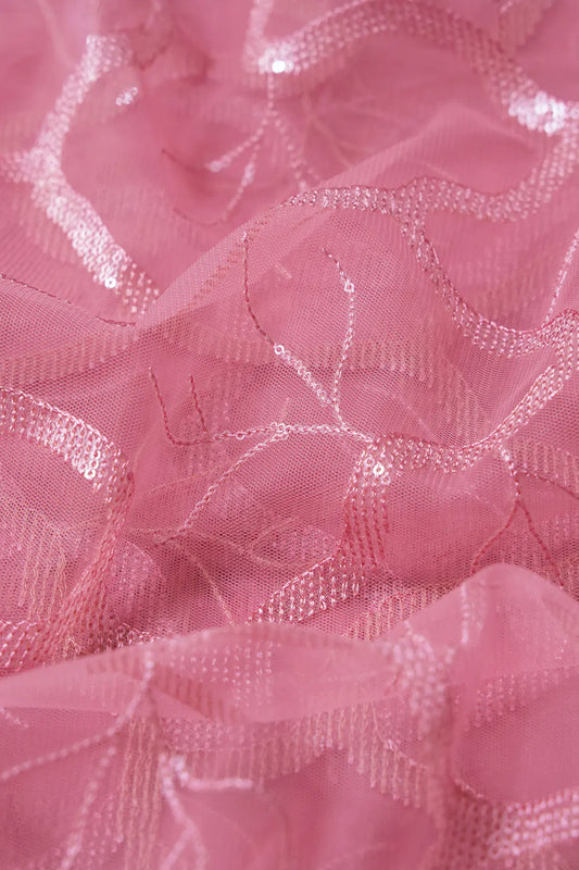 Pink Thread With Water Sequins Abstract Embroidery Work On Pink Soft Net Fabric