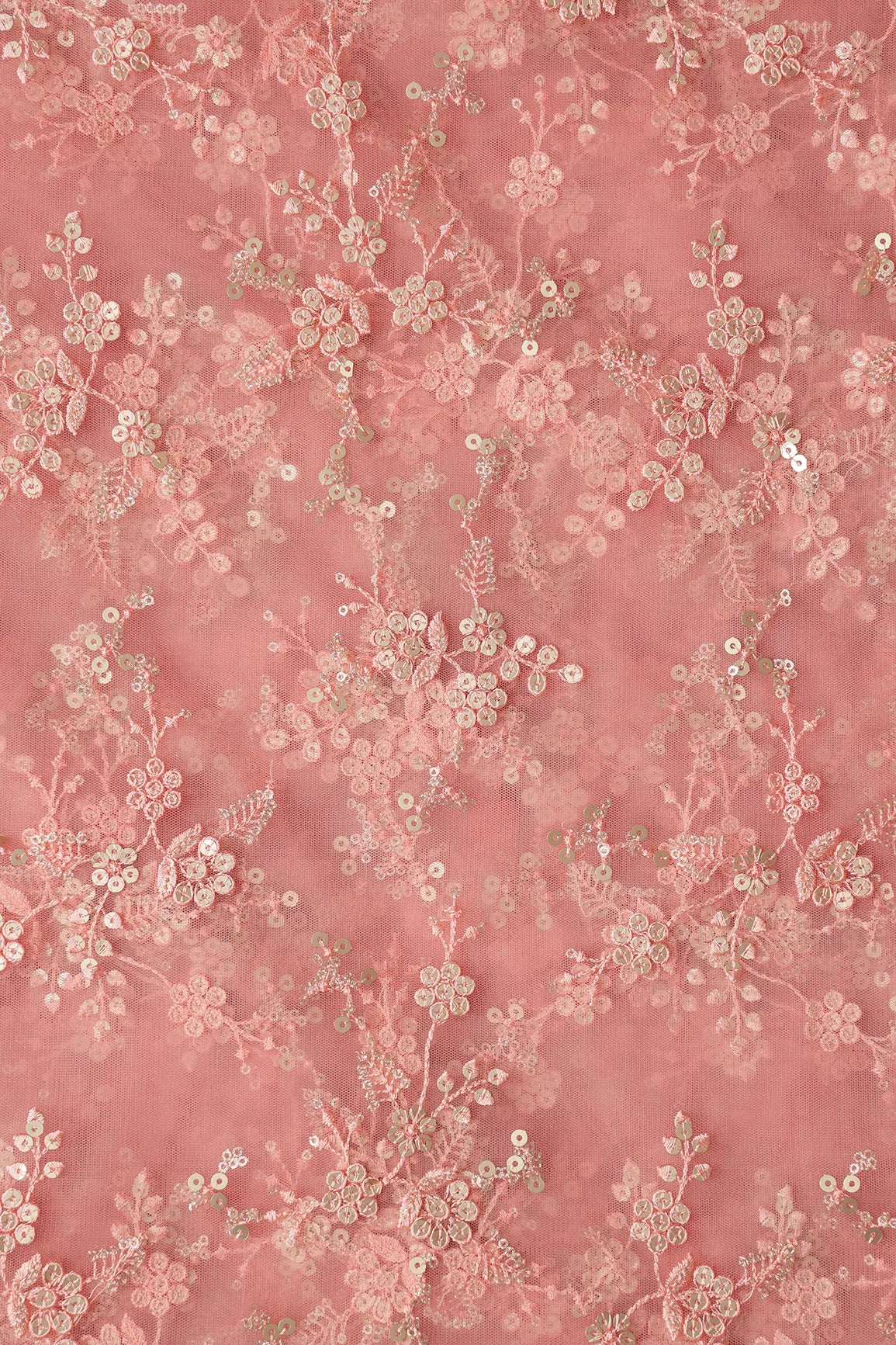 AIzaSyBcstauz-XMPRhEY21AUzeo032pxrXB5Ug - Gold Sequins With Thread Work Floral Embroidery On Pink Soft Net Fabric