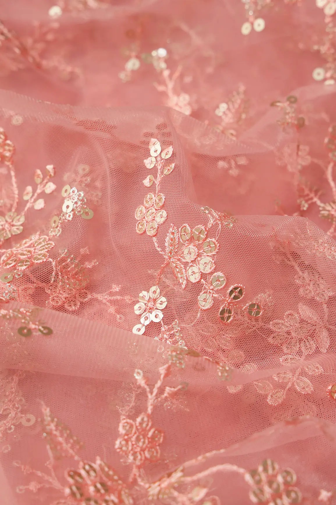 AIzaSyBcstauz-XMPRhEY21AUzeo032pxrXB5Ug - Gold Sequins With Thread Work Floral Embroidery On Pink Soft Net Fabric