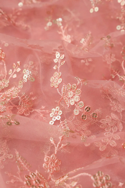AIzaSyBcstauz-XMPRhEY21AUzeo032pxrXB5Ug - Gold Sequins With Thread Work Floral Embroidery On Pink Soft Net Fabric