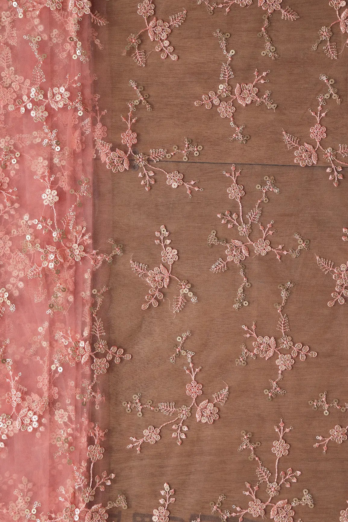 AIzaSyBcstauz-XMPRhEY21AUzeo032pxrXB5Ug - Gold Sequins With Thread Work Floral Embroidery On Pink Soft Net Fabric