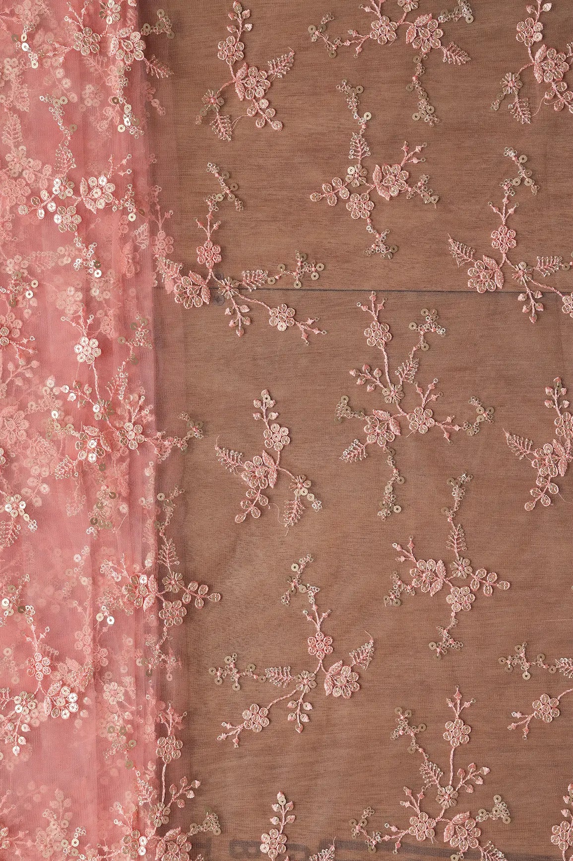 AIzaSyBcstauz-XMPRhEY21AUzeo032pxrXB5Ug - Gold Sequins With Thread Work Floral Embroidery On Pink Soft Net Fabric