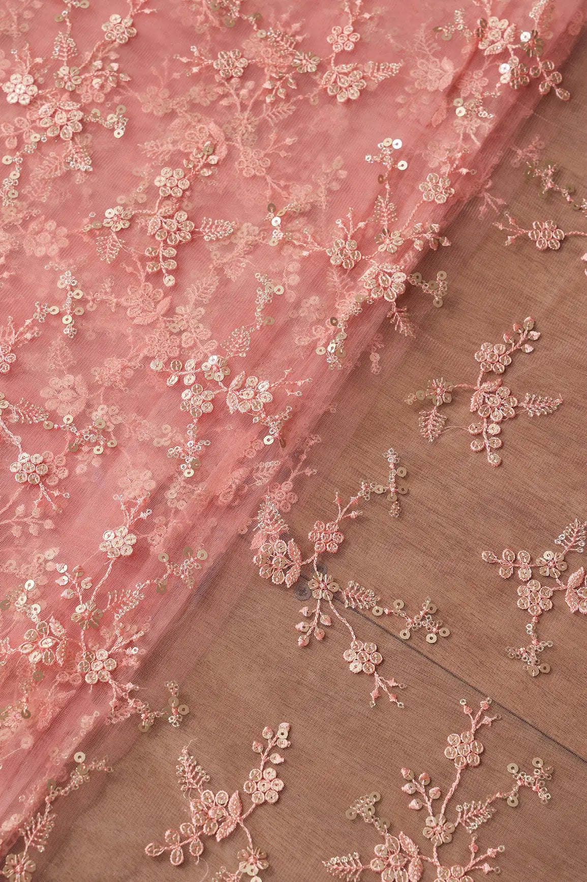 AIzaSyBcstauz-XMPRhEY21AUzeo032pxrXB5Ug - Gold Sequins With Thread Work Floral Embroidery On Pink Soft Net Fabric