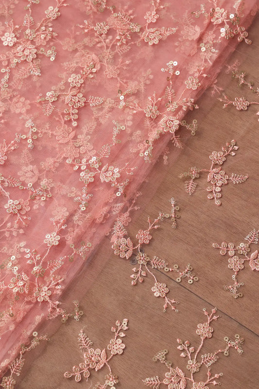 AIzaSyBcstauz-XMPRhEY21AUzeo032pxrXB5Ug - Gold Sequins With Thread Work Floral Embroidery On Pink Soft Net Fabric