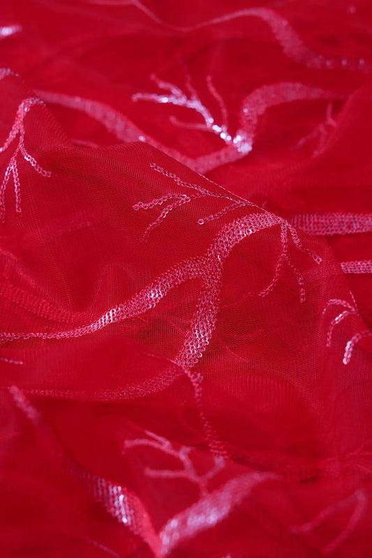 Red Thread With Water Sequins Abstract Embroidery Work On Red Soft Net Fabric