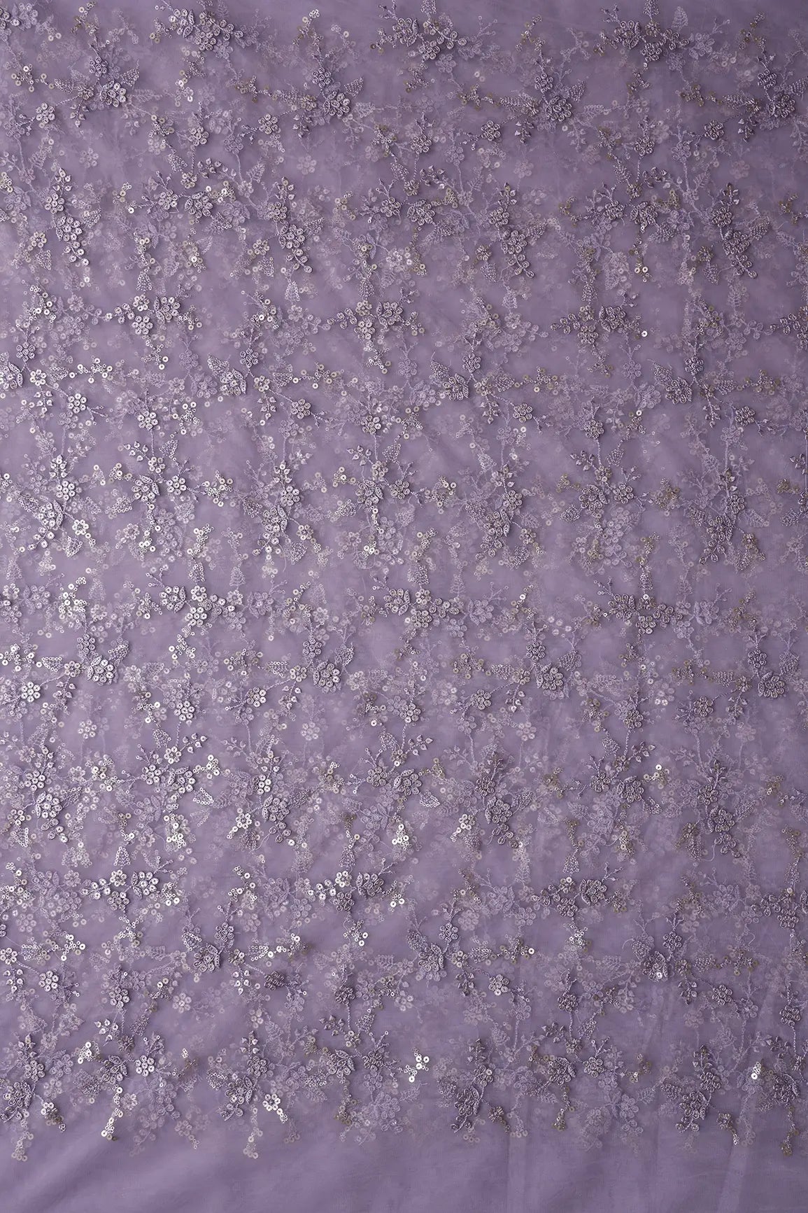 AIzaSyBcstauz-XMPRhEY21AUzeo032pxrXB5Ug - Gold Sequins With Thread Work Floral Embroidery On Lilac Soft Net Fabric