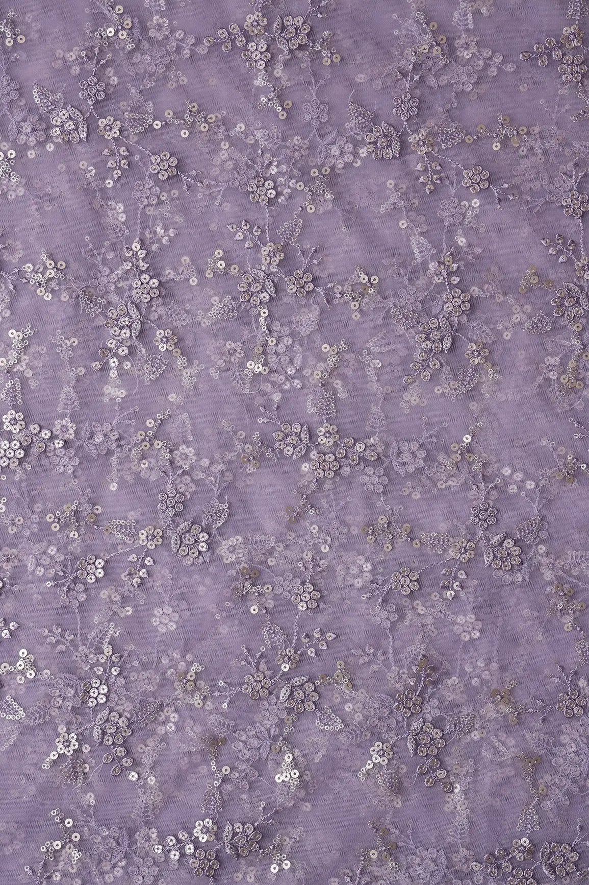 AIzaSyBcstauz-XMPRhEY21AUzeo032pxrXB5Ug - Gold Sequins With Thread Work Floral Embroidery On Lilac Soft Net Fabric