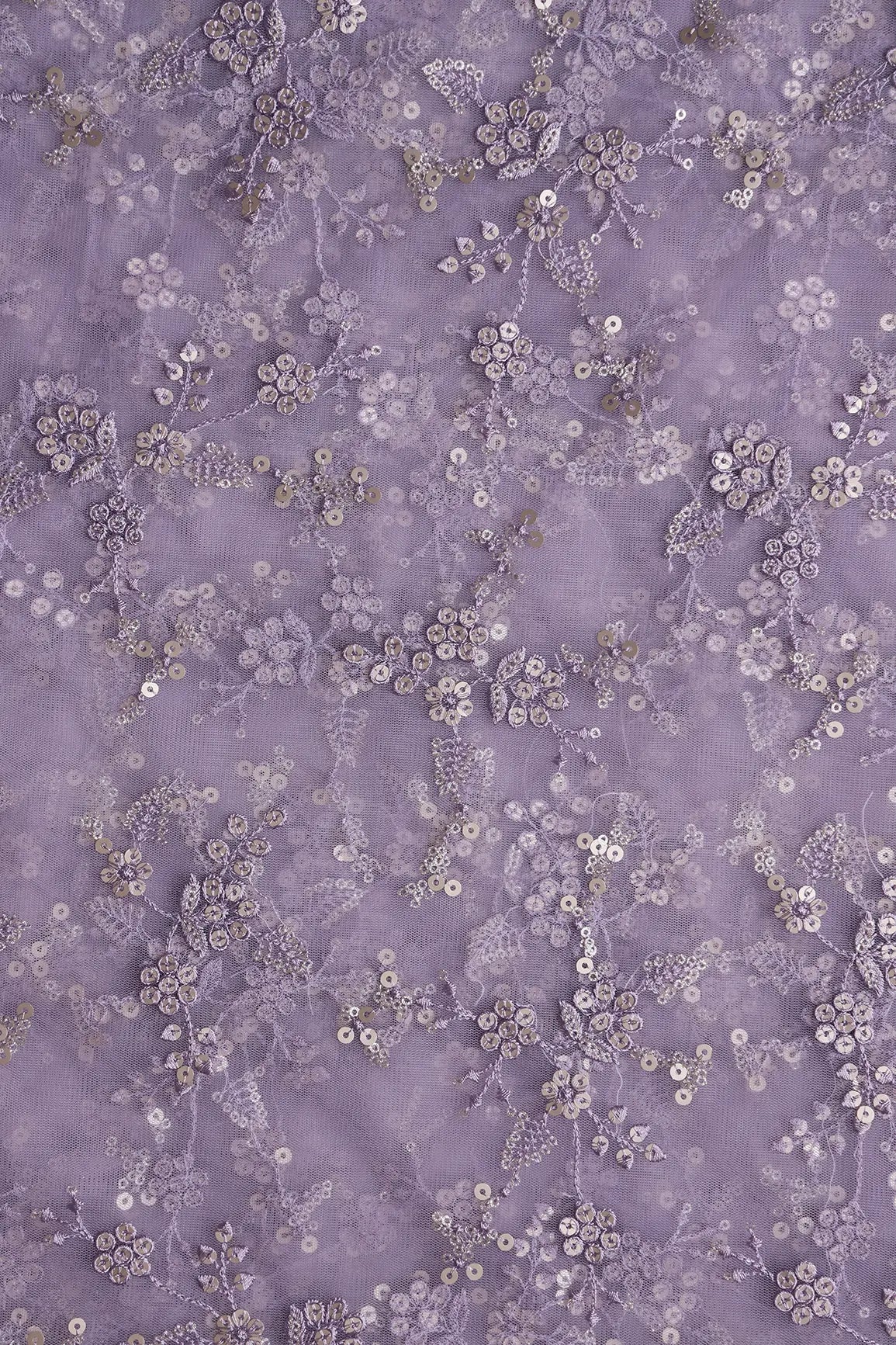 AIzaSyBcstauz-XMPRhEY21AUzeo032pxrXB5Ug - Gold Sequins With Thread Work Floral Embroidery On Lilac Soft Net Fabric