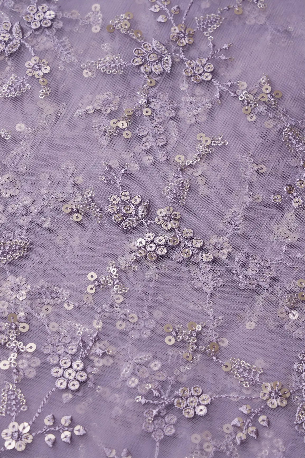 AIzaSyBcstauz-XMPRhEY21AUzeo032pxrXB5Ug - Gold Sequins With Thread Work Floral Embroidery On Lilac Soft Net Fabric