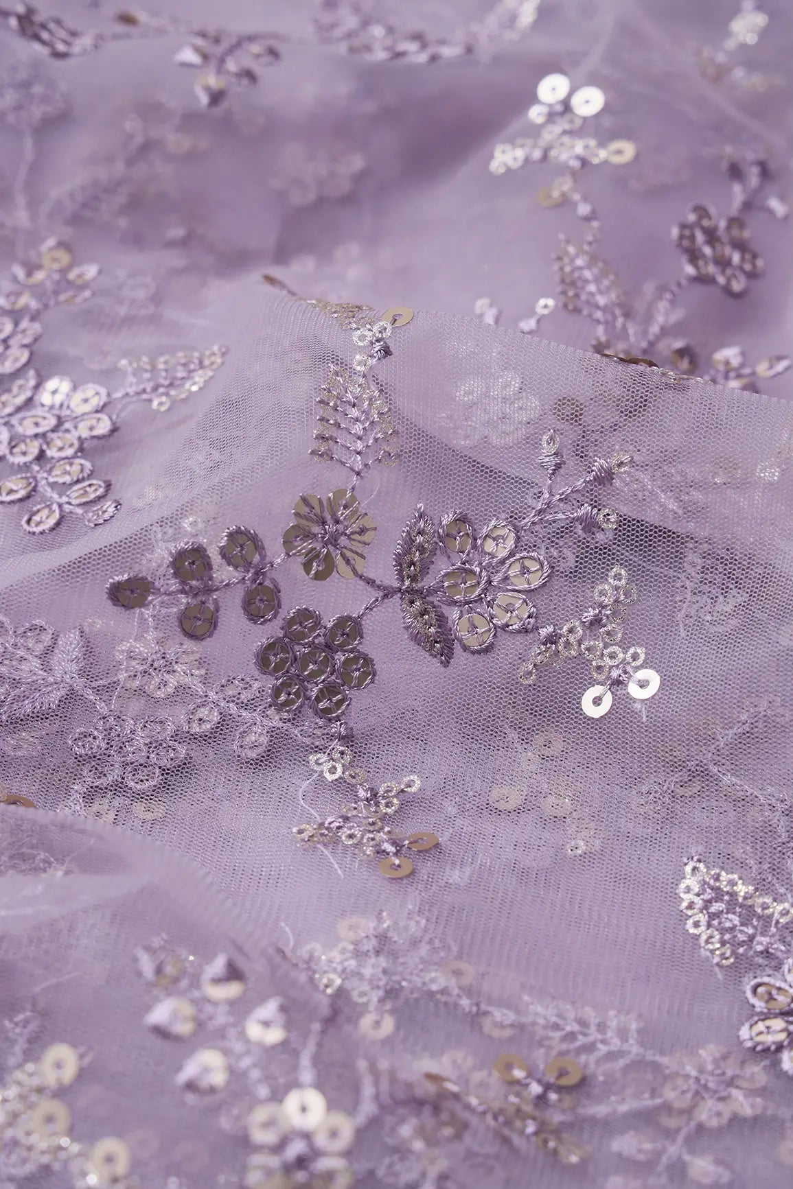 AIzaSyBcstauz-XMPRhEY21AUzeo032pxrXB5Ug - Gold Sequins With Thread Work Floral Embroidery On Lilac Soft Net Fabric