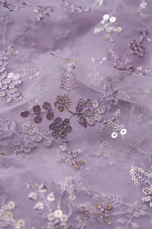 AIzaSyBcstauz-XMPRhEY21AUzeo032pxrXB5Ug - Gold Sequins With Thread Work Floral Embroidery On Lilac Soft Net Fabric