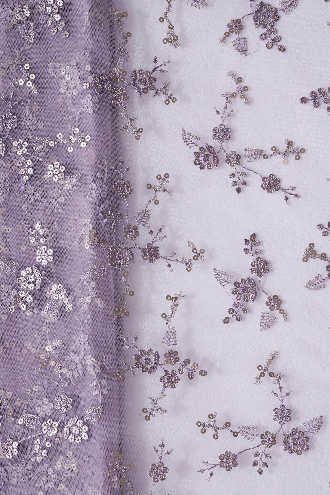AIzaSyBcstauz-XMPRhEY21AUzeo032pxrXB5Ug - Gold Sequins With Thread Work Floral Embroidery On Lilac Soft Net Fabric